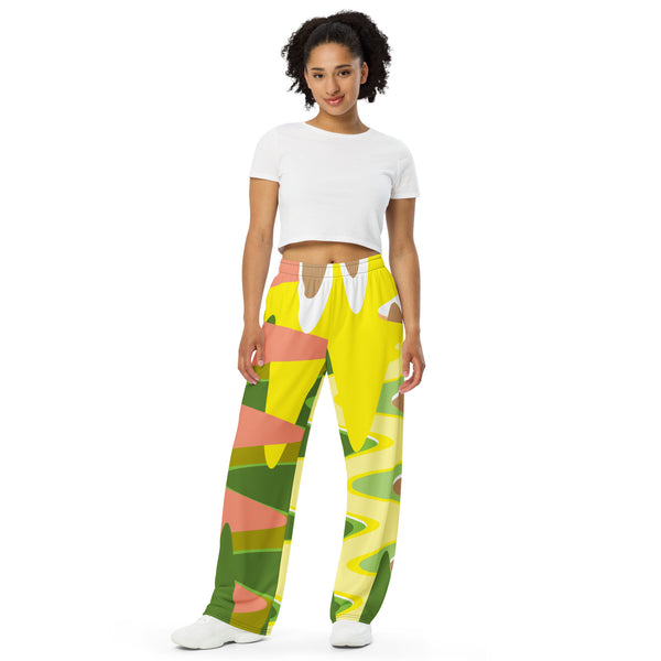 All-over print unisex wide-leg pants pink yellow