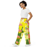 All-over print unisex wide-leg pants pink yellow